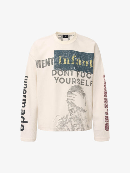 Waffle Knit Graphic Print Crewneck Sweatshirt - 2496 