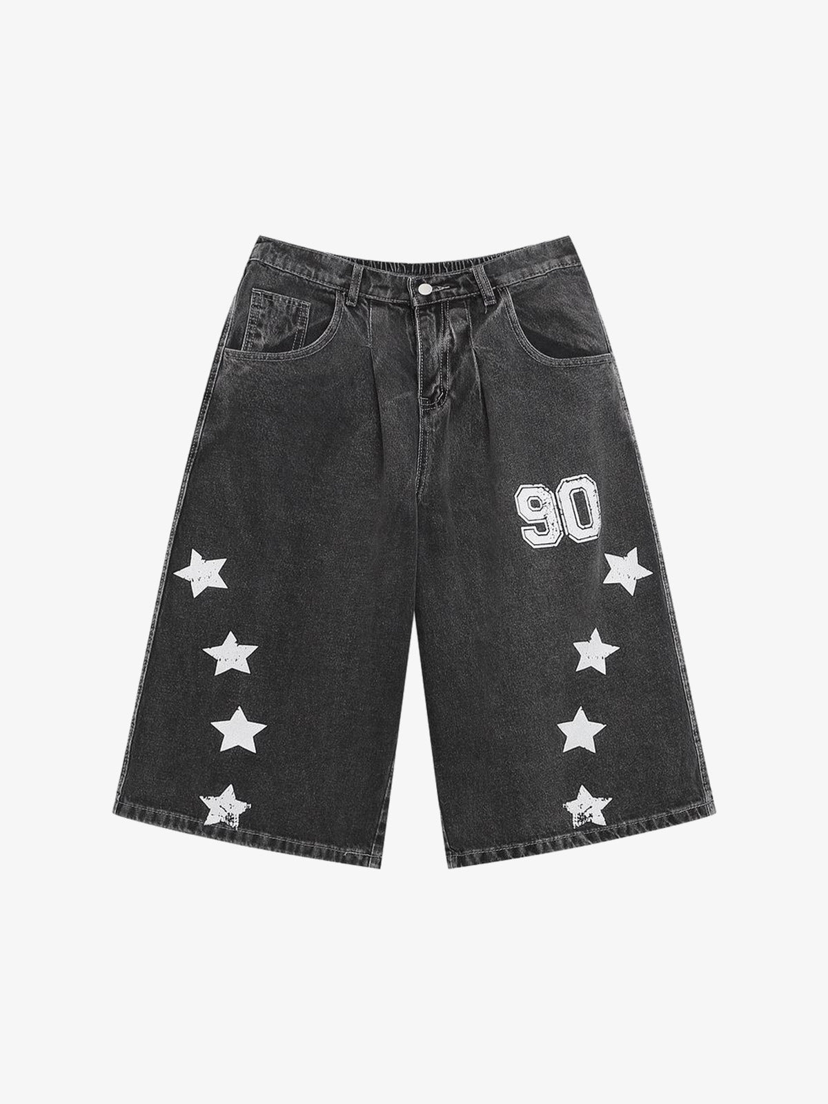 Distressed Washed Star-print Denim Jort 
