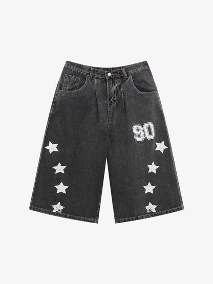 Distressed Washed Star-print Denim Jort 