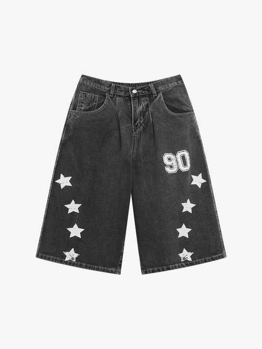 Distressed Washed Star-print Denim Jort 