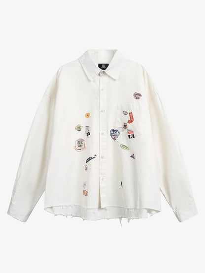 Fun Distressed Raw-edge Printed Long-sleeved Shirt 
