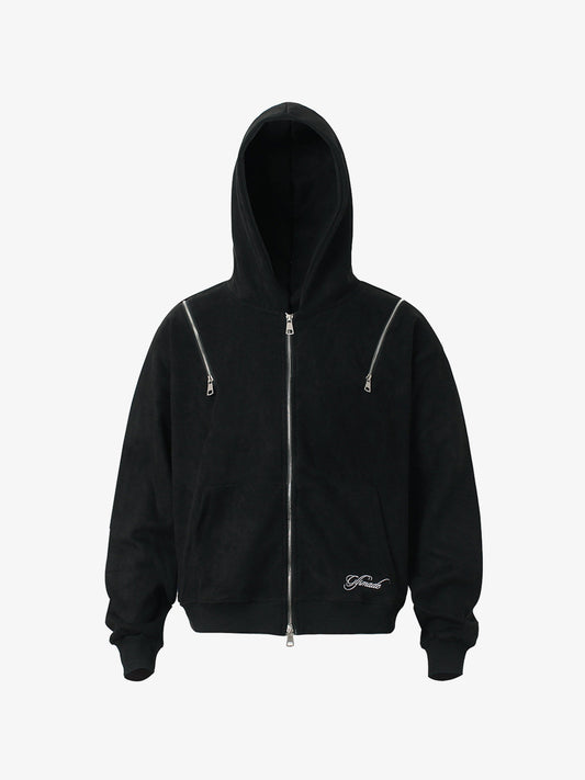 Suede Double-Ended Zippered Cropped Hooded Jacket 