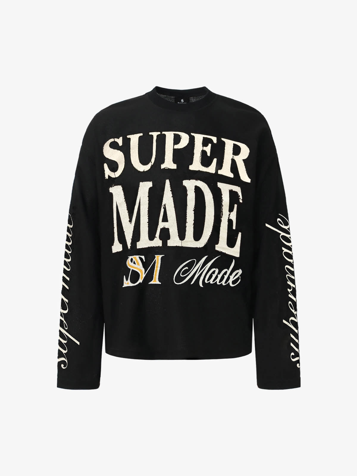 Retro Letter Print Waffle Simplicity Long-Sleeved T-Shirt 