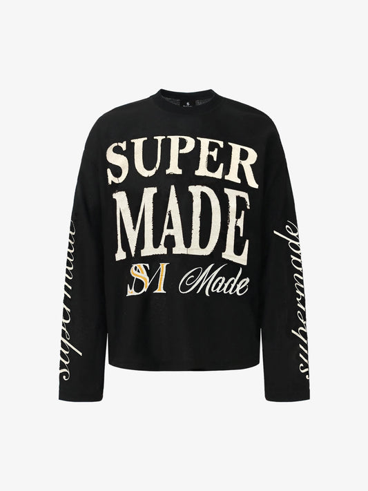 Retro Letter Print Waffle Simplicity Long-Sleeved T-Shirt 