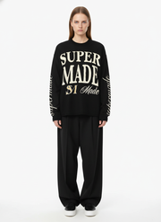 Retro Letter Print Waffle Simplicity Long-Sleeved T-Shirt - 2637 