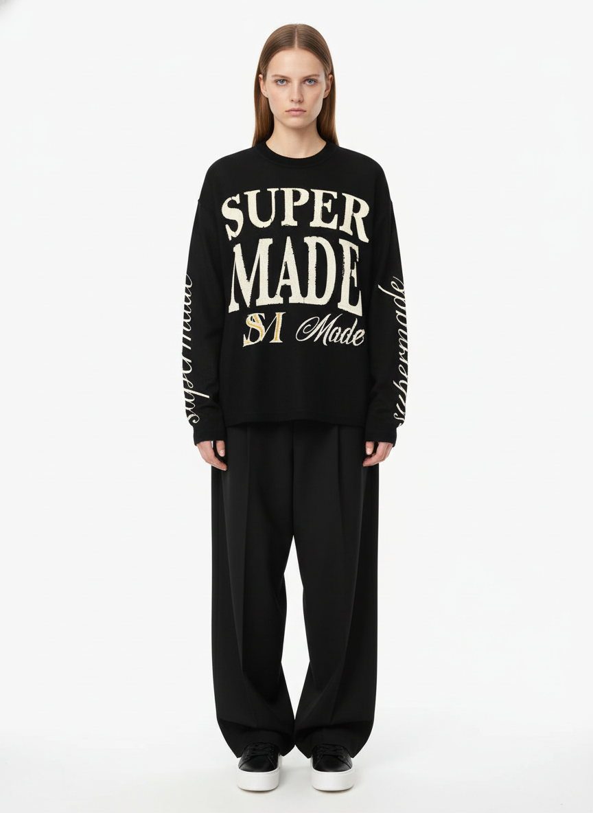 Retro Letter Print Waffle Simplicity Long-Sleeved T-Shirt 