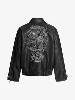 Vintage Embroidered PU Leather Lapel Jacket 