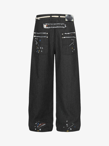 Street Contrast Artistic Graffiti Drawstring Jeans 