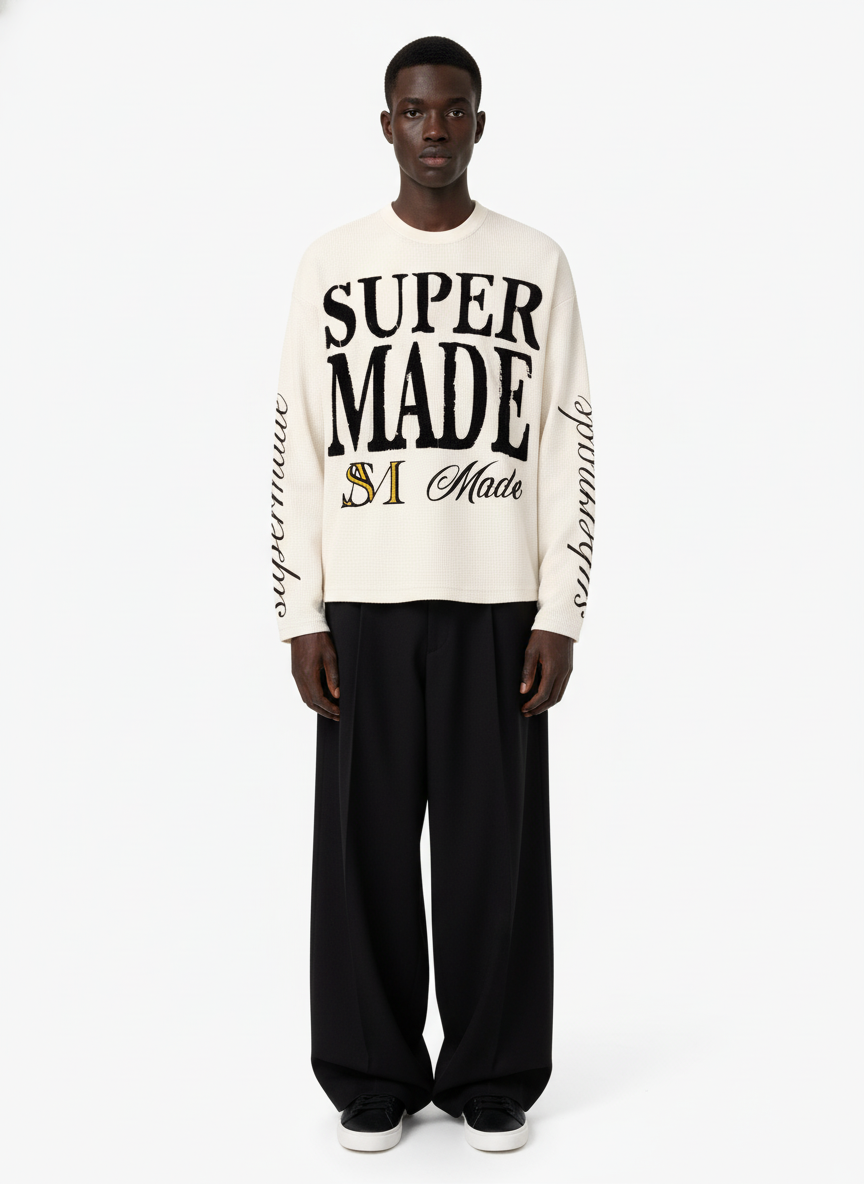 Retro Letter Print Waffle Simplicity Long-Sleeved T-Shirt - 2637 