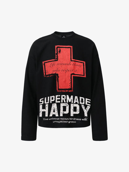 Street Cross Lettering Print Long-Sleeved T-Shirt 