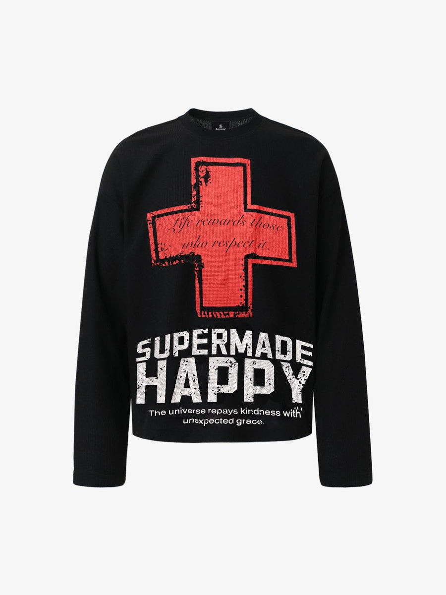 Street Cross Lettering Print Long-Sleeved T-Shirt - 2608 