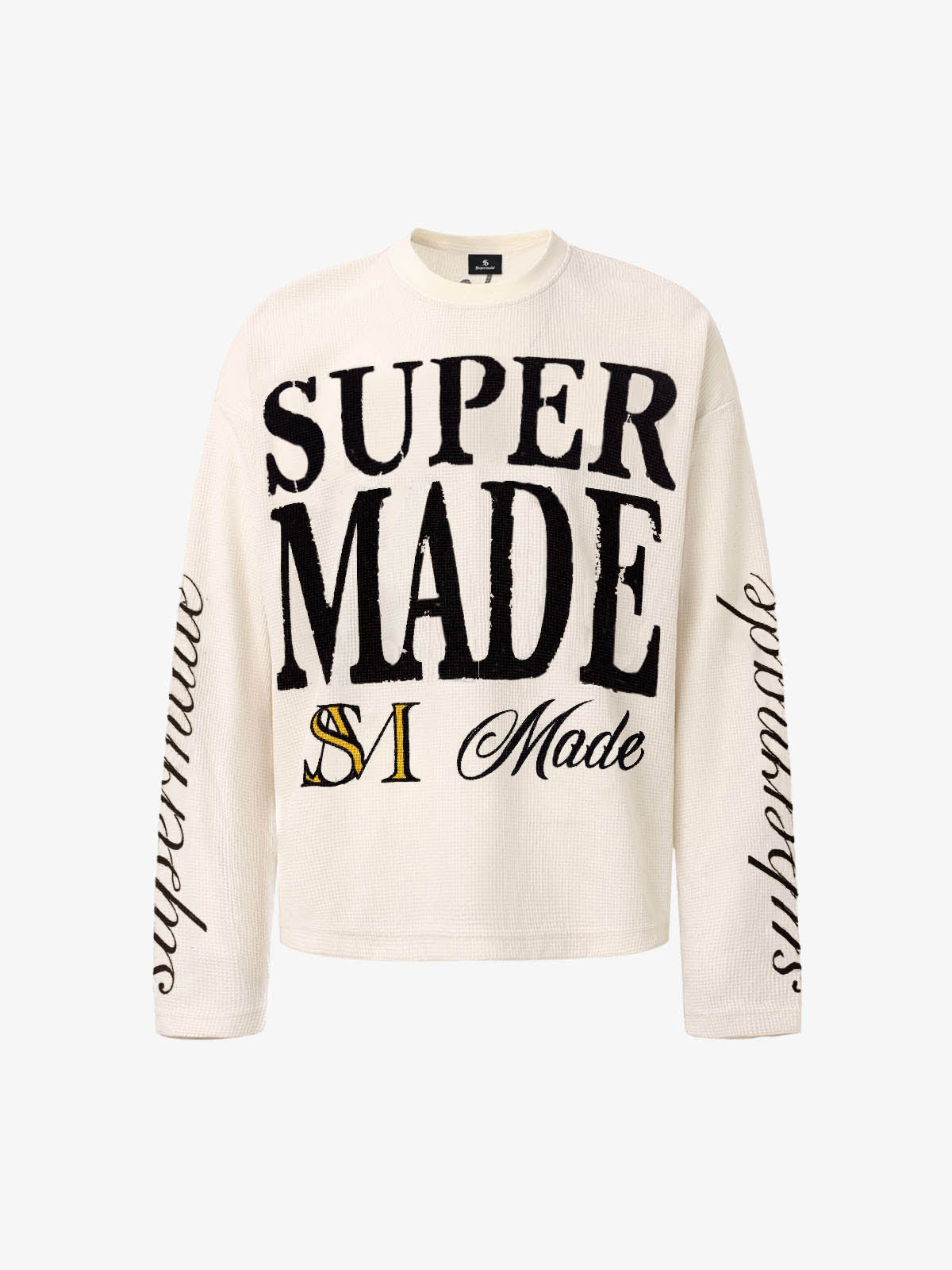 Retro Letter Print Waffle Simplicity Long-Sleeved T-Shirt 