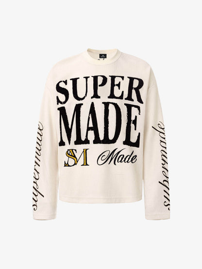 Retro Letter Print Waffle Simplicity Long-Sleeved T-Shirt 