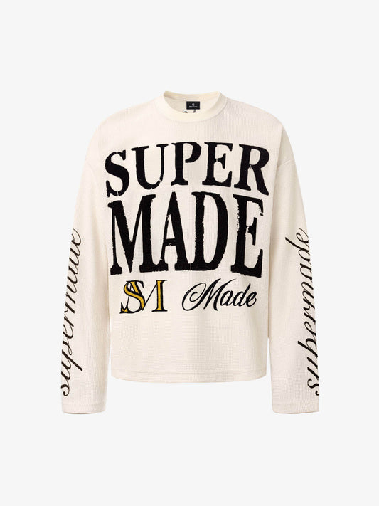 Retro Letter Print Waffle Simplicity Long-Sleeved T-Shirt 