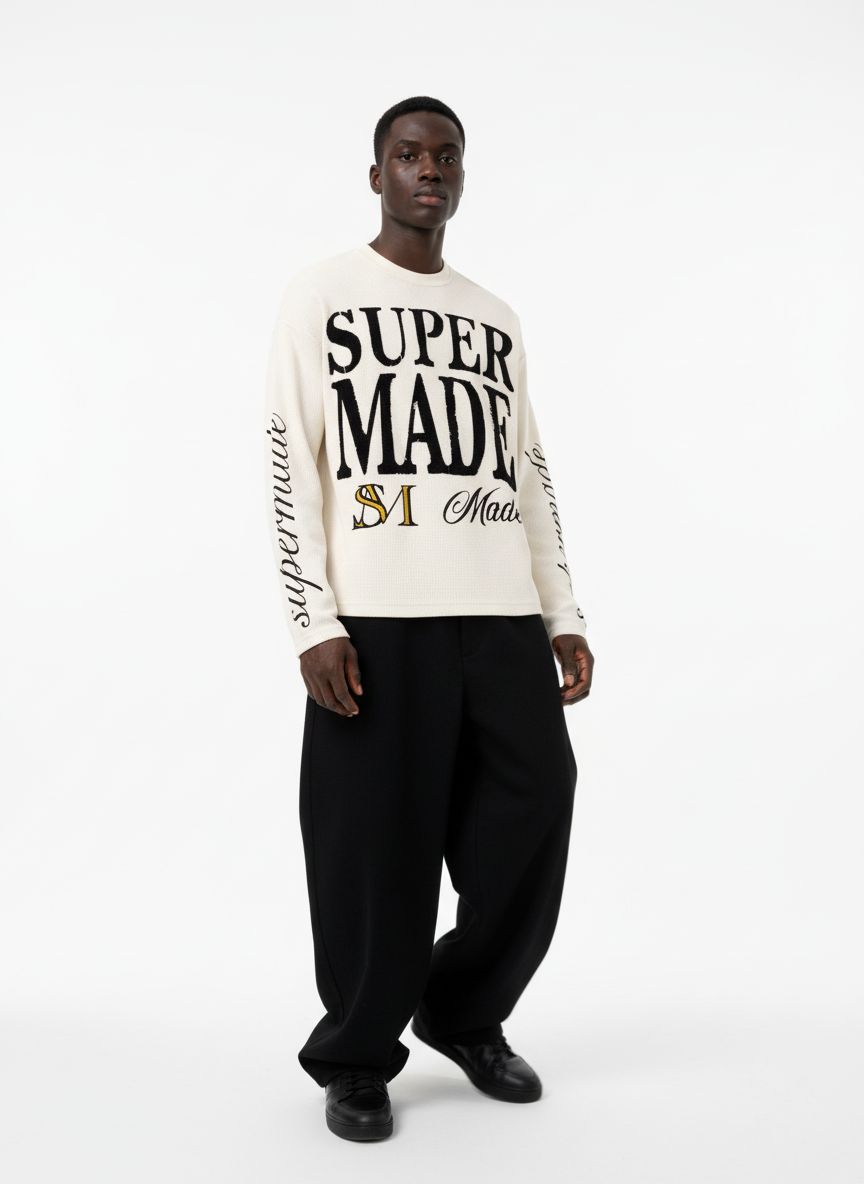 Retro Letter Print Waffle Simplicity Long-Sleeved T-Shirt 