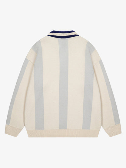 Vertical Striped Colorblock Lapel Sweater 