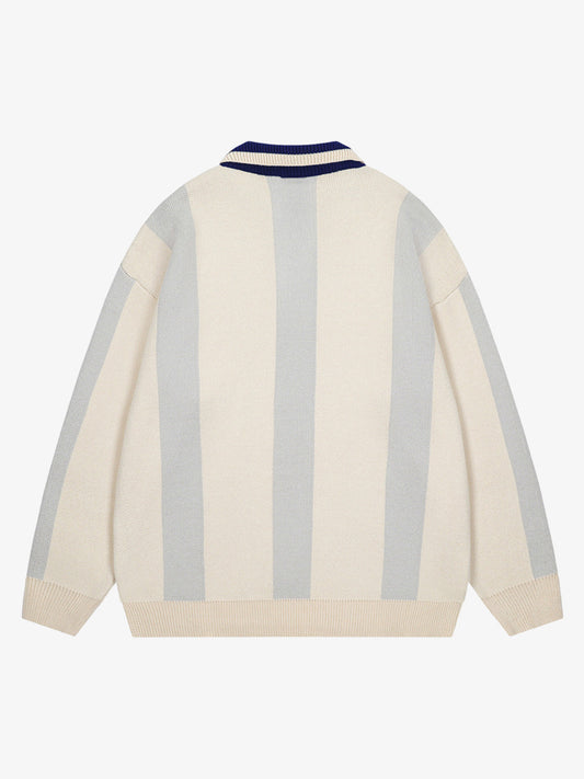 Vertical Striped Colorblock Lapel Sweater 