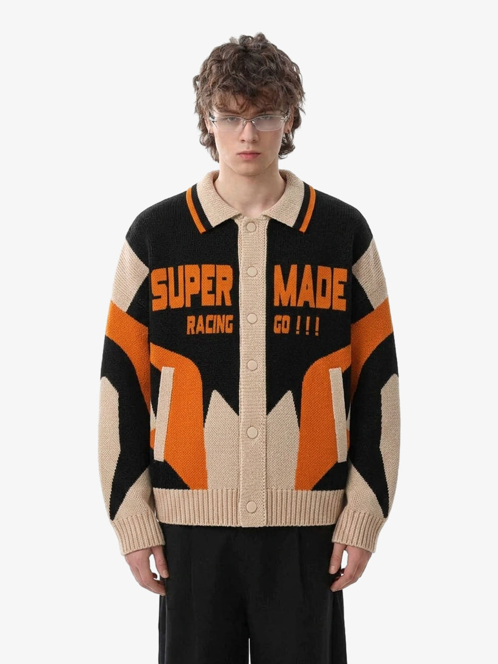 Vintage Racing Graphic Jacquard Knit Polo Sweater