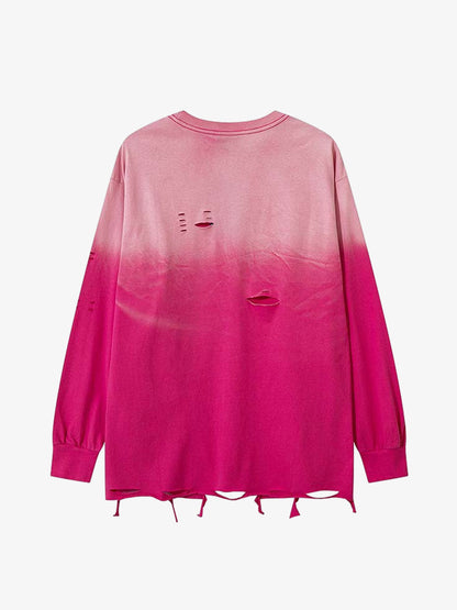 Gradient Hole Contrast Color Long Sleeve T-shirt 