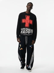 Street Cross Lettering Print Long-Sleeved T-Shirt - 2608 