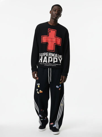Street Cross Lettering Print Long-Sleeved T-Shirt - 2608 