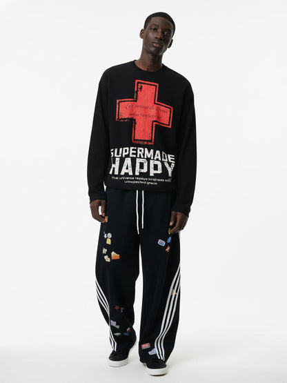 Street Cross Lettering Print Long-Sleeved T-Shirt 