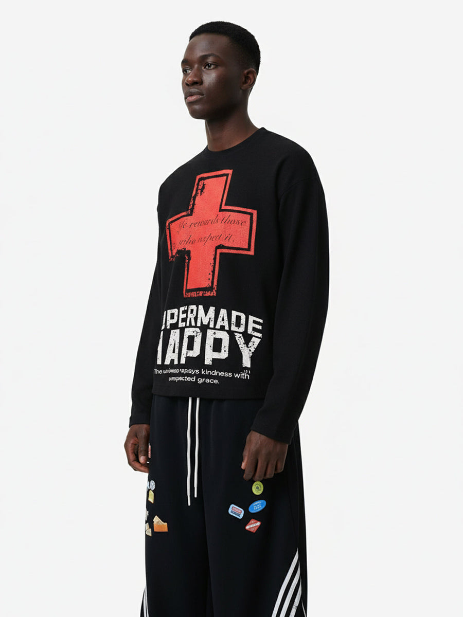 Street Cross Lettering Print Long-Sleeved T-Shirt - 2608 