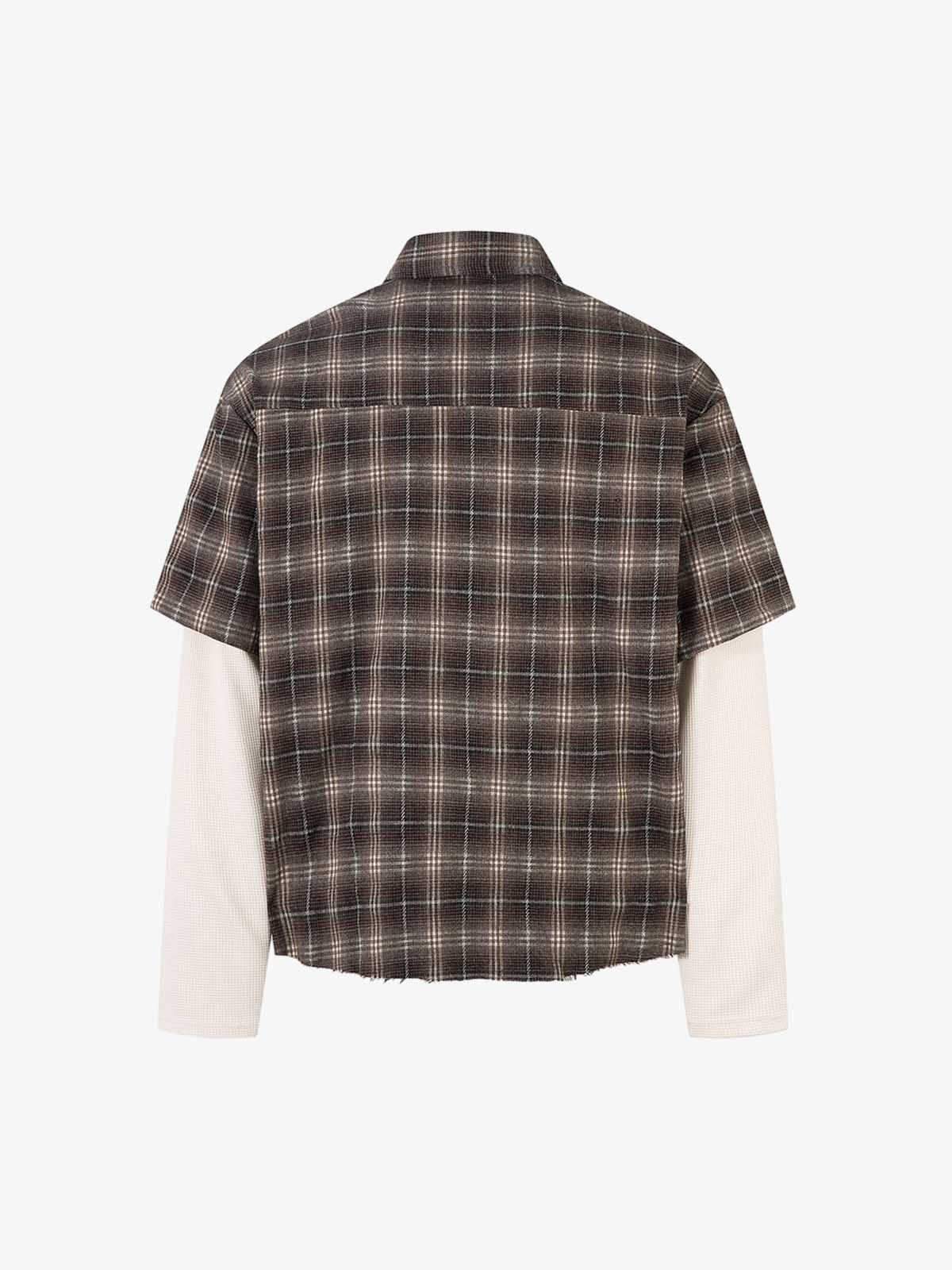 Street Faux Two-piece Damaged Plaid Long-sleeved Shirt 