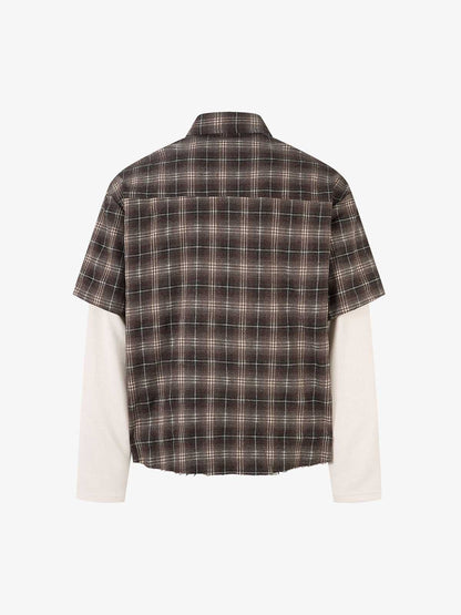 Street Faux Two-piece Damaged Plaid Long-sleeved Shirt 