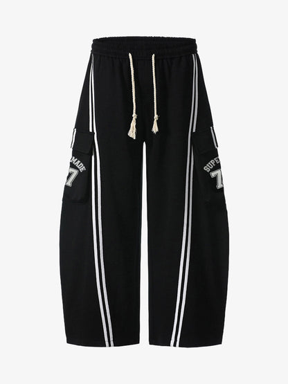 Cotton Web Stitching Letter Print Drawstring Barrel Pants 