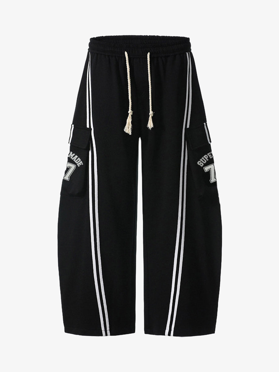 Cotton Web Stitching Letter Print Drawstring Barrel Pants 
