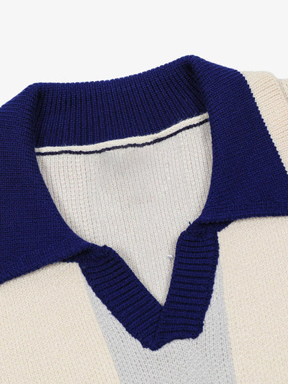 Vertical Striped Colorblock Lapel Sweater 