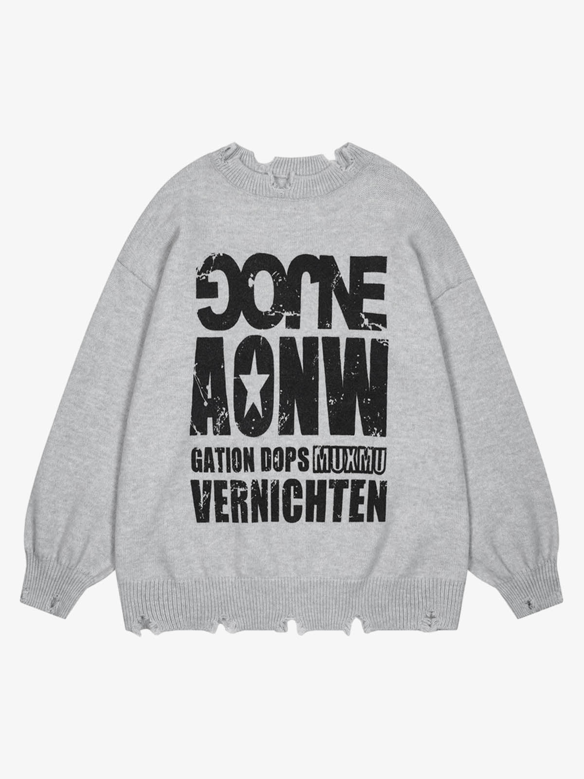 Letter Print Ripped Crew Neck Sweater 