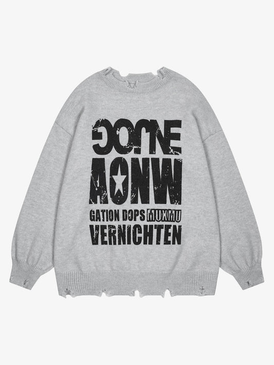 Letter Print Ripped Crew Neck Sweater 