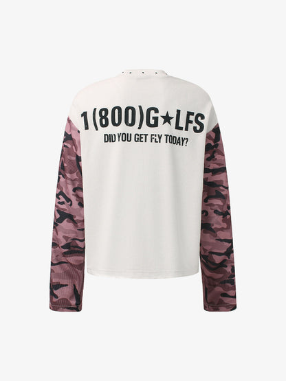 Camouflage Patchwork Letter Print Waffle Long-Sleeved T-Shirt 