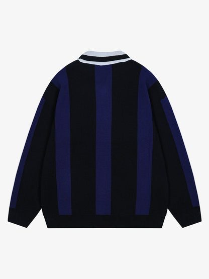 Vertical Striped Colorblock Lapel Sweater 