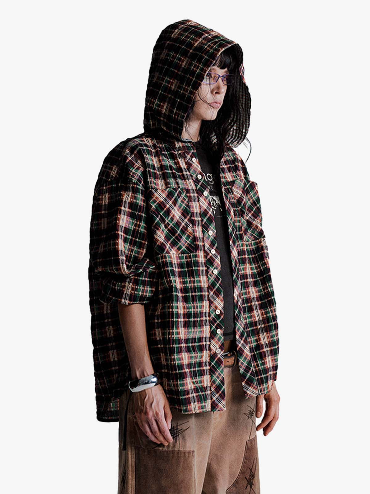 Retro Plaid Patchwork Hooded Work Shirt 