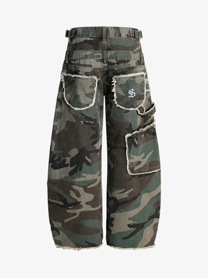 Retro Double Waist Camouflage Barrel Pants 