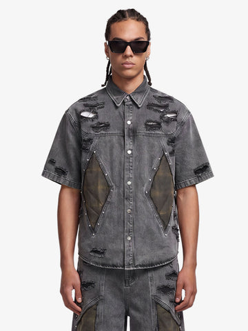 Retro Washed Plaid-Paneled Distressed Denim Set 