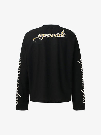 Retro Letter Print Waffle Simplicity Long-Sleeved T-Shirt 