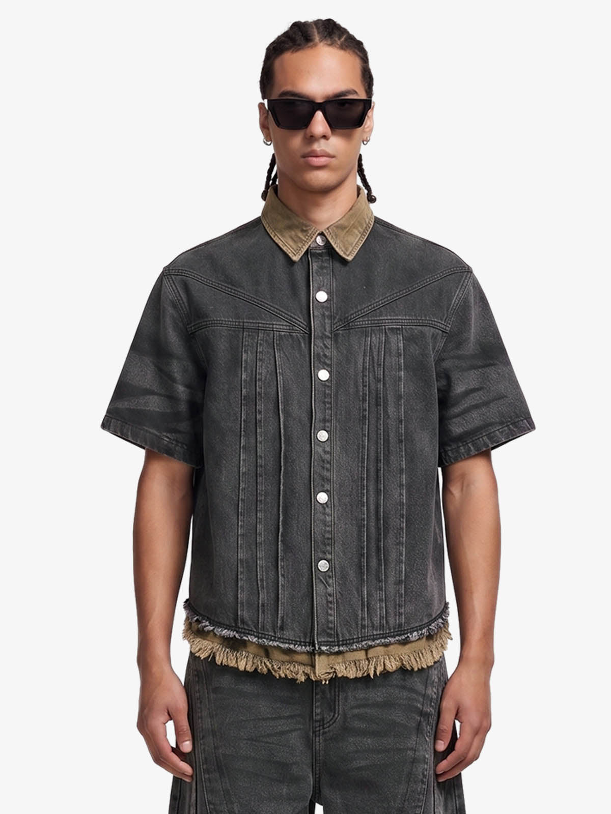 Camo-Trimmed Pleated Denim Utility Set 