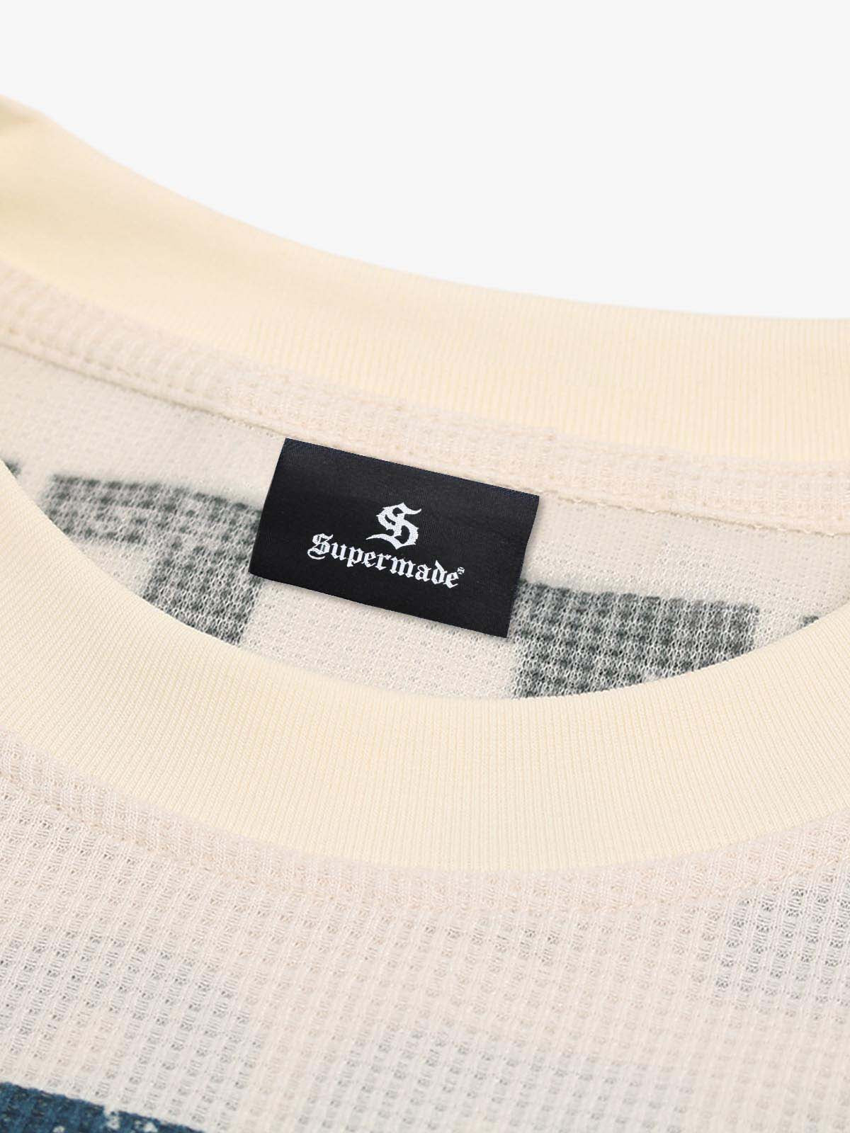 Waffle Knit Graphic Print Crewneck Sweatshirt - 2496 