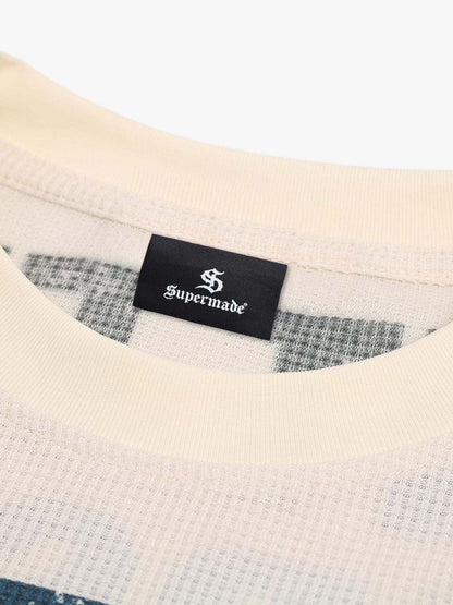 Waffle Knit Graphic Print Crewneck Sweatshirt - 2496 