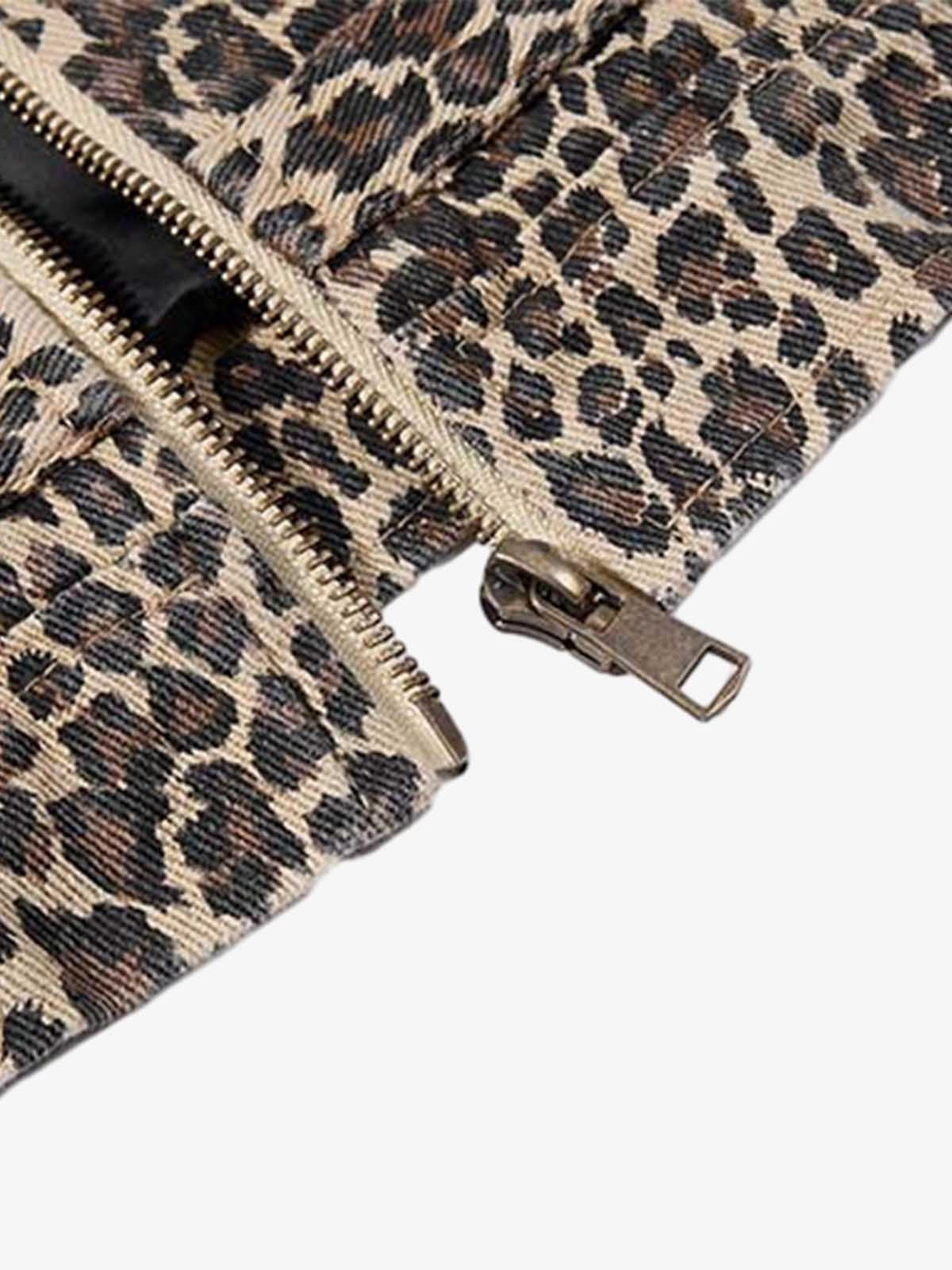 Street-style Retro Leopard Print Washed Button Denim Jacket