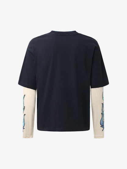 Gradient Letter Print Patchwork Faux Two-Piece Long-Sleeved T-Shirt 