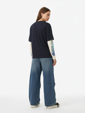 Gradient Letter Print Patchwork Faux Two-Piece Long-Sleeved T-Shirt 