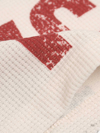 Waffle Knit Graphic Print Crewneck Sweatshirt - 2496 