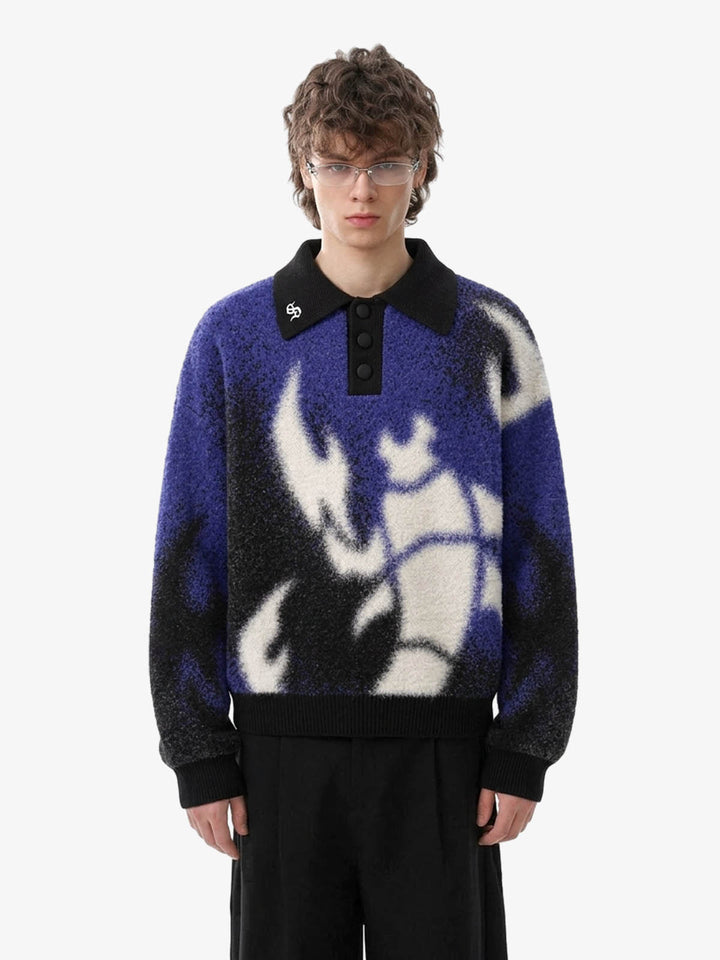 Abstract Spray Graphic Jacquard Knit Polo Sweater