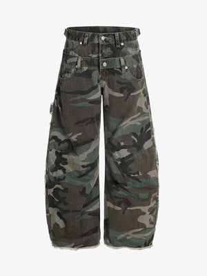 Retro Double Waist Camouflage Barrel Pants 
