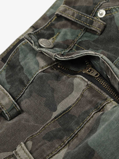 Retro Double Waist Camouflage Barrel Pants 